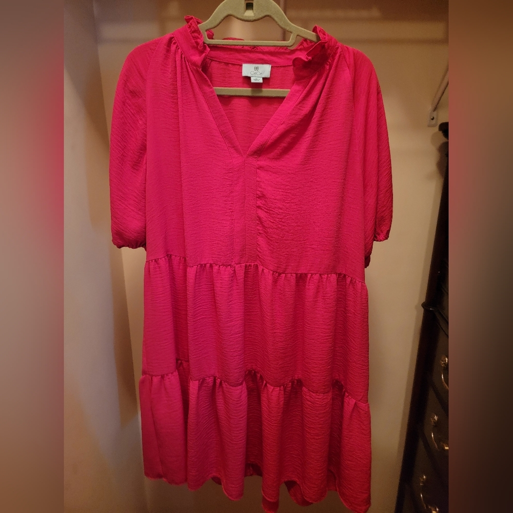 CeCe Bright Pink Tiered Ruffle Neck Knee Length Dress - Size Large